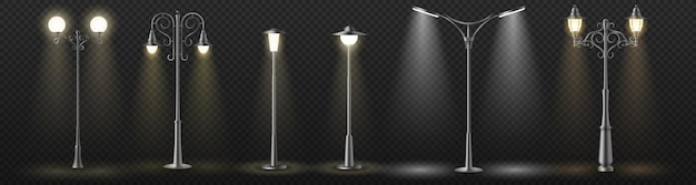 Modern and vintage city street lights row working at night. urban electrical lightning system with lampposts glowing in darkness. realistic 3d vector illustration