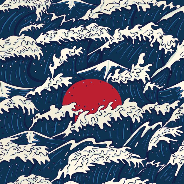 現代のヴィンテージ日本の浮世絵スタイルの嵐の波、荒れ狂う海と赤い太陽のイラストシームレスパターン