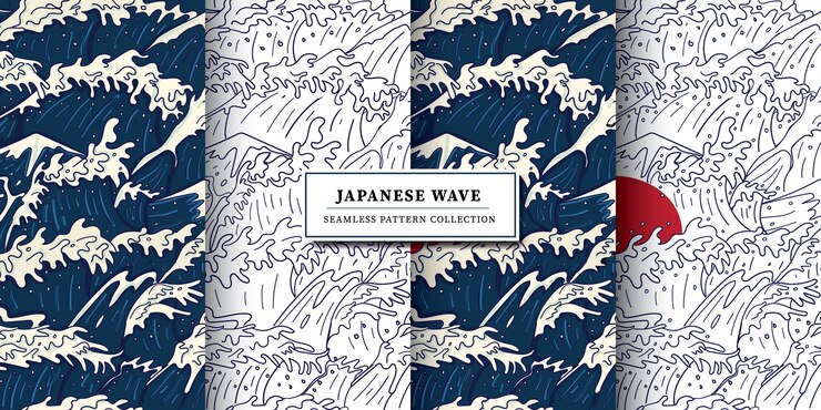 現代のヴィンテージ日本の浮世絵スタイルの嵐の波、荒れ狂う海と赤い太陽のイラストシームレスパターン