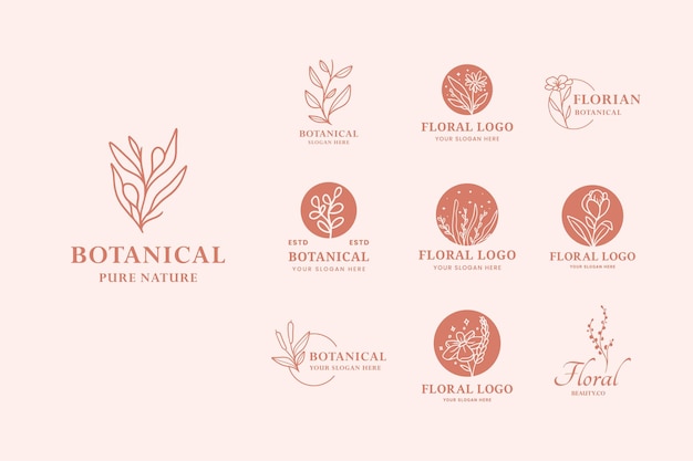 벡터 뷰티 브랜드에 대 한 현대 빈티지 핑크 손으로 그린 꽃 식물 로고 일러스트 디자인 세트