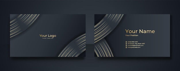 Modern visitekaartje - creatieve en schone sjabloon voor visitekaartjes. luxe visitekaartje ontwerpsjabloon. elegante donkere achtergrond met abstracte gouden golvende lijnen glanzend. vector illustratie