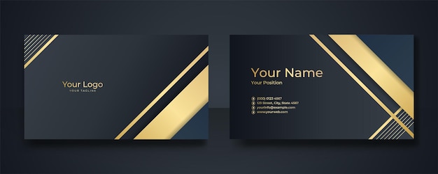 Modern visitekaartje - creatieve en schone sjabloon voor visitekaartjes. luxe visitekaartje ontwerpsjabloon. elegante donkere achtergrond met abstracte gouden golvende lijnen glanzend. vector illustratie