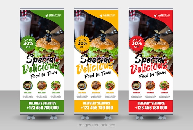 Vector modern voedsel roll-up bannerontwerp voor restaurant, food en restaurant roll-up bannerontwerpsjabloon