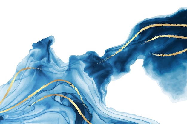 modern watercolor background with abstract blue ink waves and golden curves