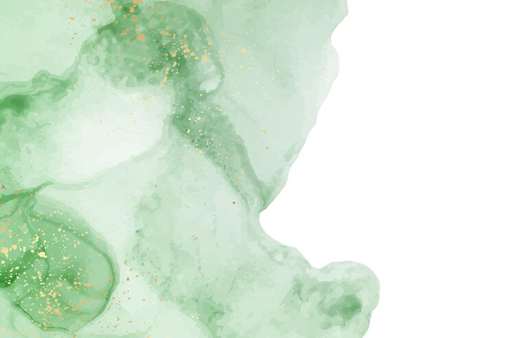 Vector modern watercolor background with abstract green ink waves and golden splashes on a white