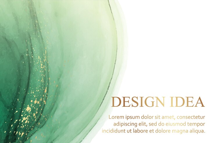 Vector modern watercolor background with abstract green ink waves and golden splashes