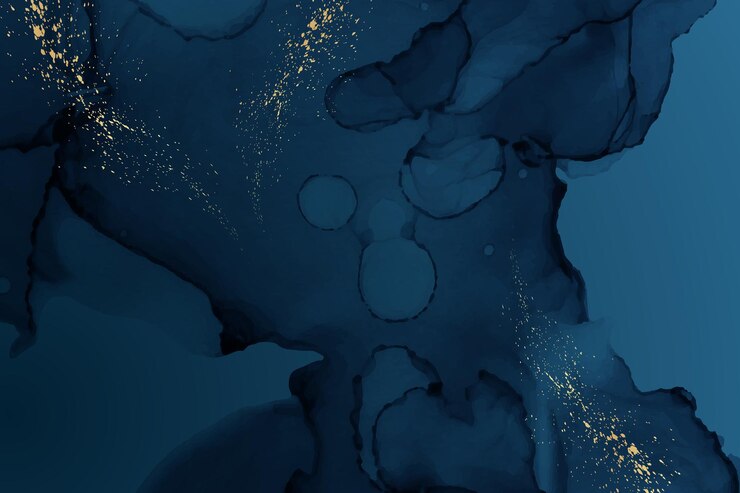 Vector modern watercolor background with abstract navy blue ink waves and golden splashes