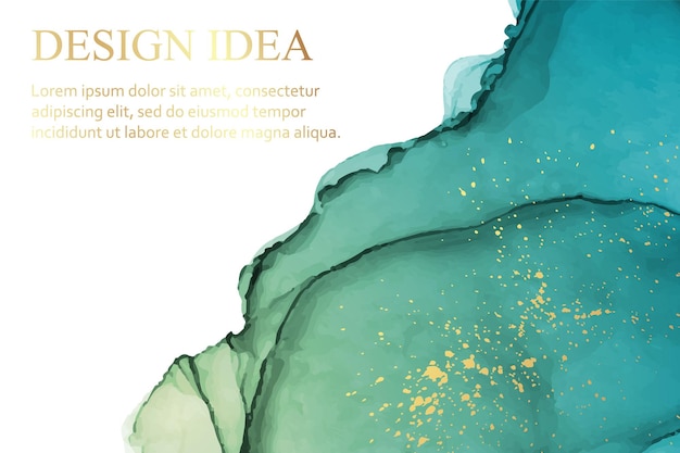 Vector modern watercolor background with abstract turquoise and green ink waves and golden splashes
