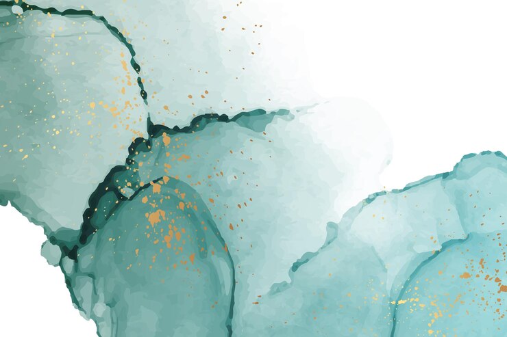 Vector modern watercolor background with abstract turquoise ink waves and golden splashes