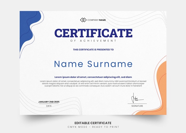 Vector modern wave blue and yellow certificate template