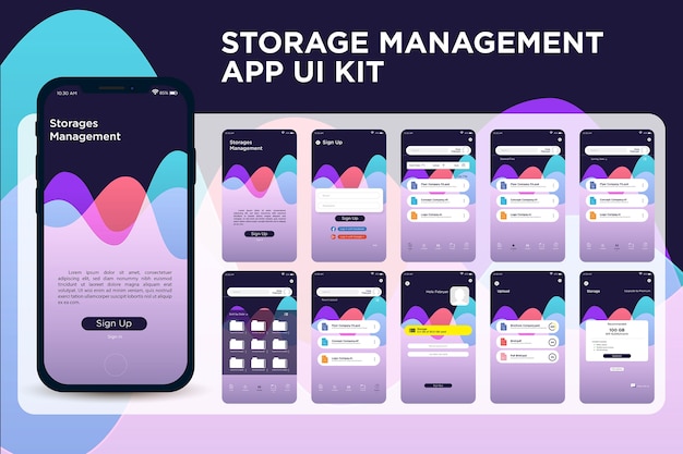 Kit dell'interfaccia utente dell'app per la gestione dello storage colorato arrotondato a onda moderna