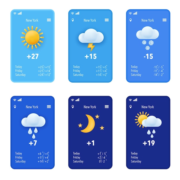 現代の天気アイコンを設定。暗い背景にフラットなベクトル文字。