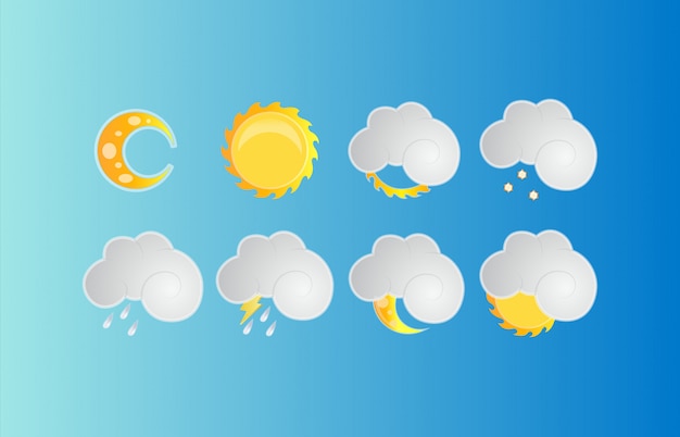 Set di icone del tempo moderno. raccolta di simboli di segno di previsioni del tempo