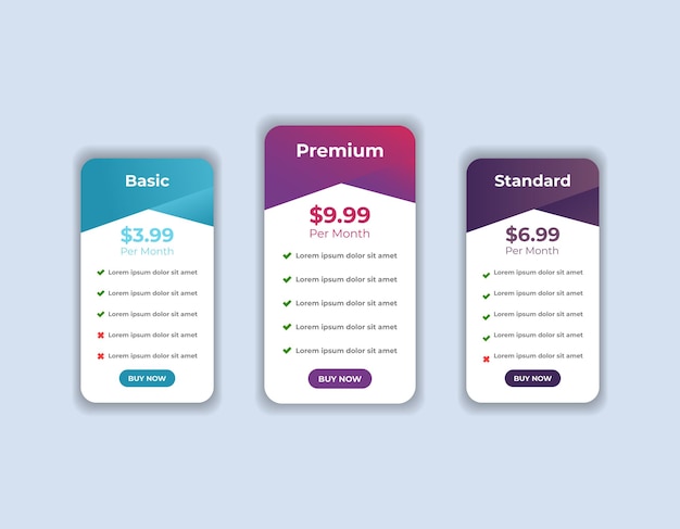 Modern web pricing table comparison infographic chart design template