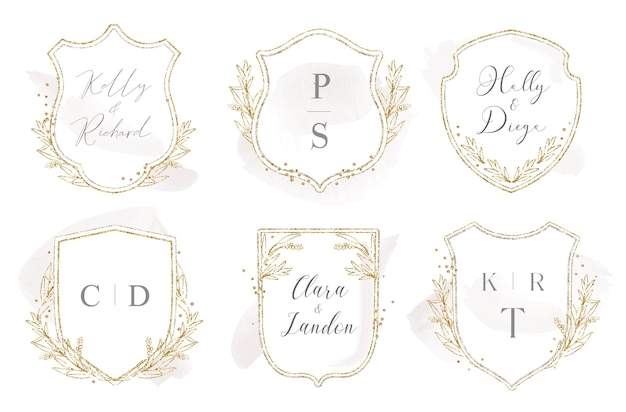 Vector modern wedding crest logo design with laurels and gold glitter