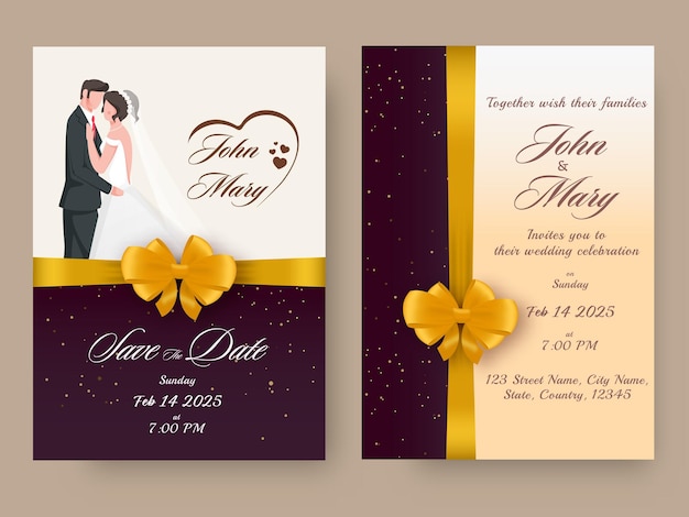 Modern Wedding Invitation Card Closed With Yellow Bow Ribbon And Couple Character