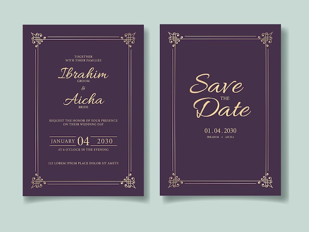 ベクトル ゴールデン フレームを持つモダンな結婚式招待状カード テンプレート