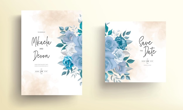 Modern wedding invitation card with blue flowers