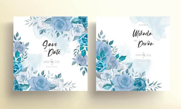 Современная свадебная пригласительная открытка с синими цветами