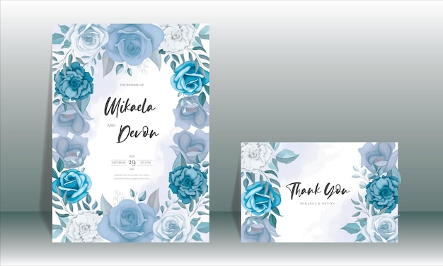 青い花とモダンな結婚式の招待カード
