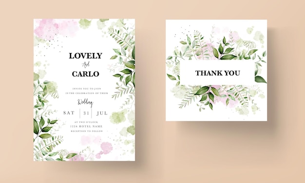 Vector modern wedding invitation card with watercolor leaves