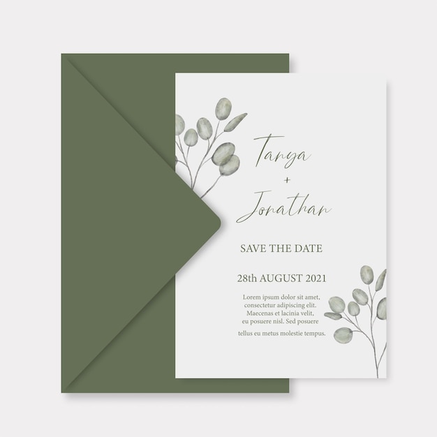 Modern wedding invitation green wedding invitation template with eucalyptus branches leaf and handmade calligraphy