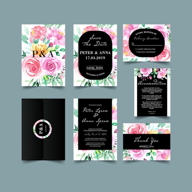 Vector modern wedding invitation set with watercolor rose pink