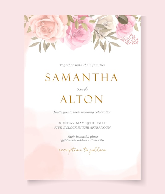 Modern wedding invitation template with beautiful roses