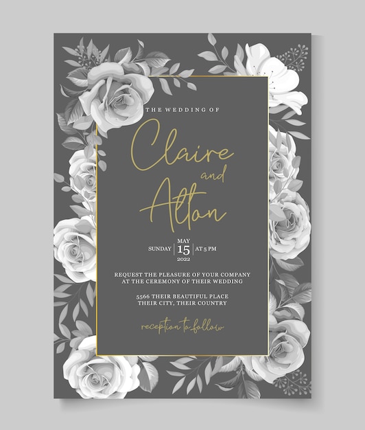 Modern wedding invitation template with beautiful roses