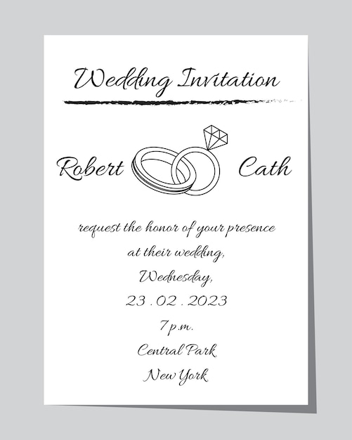 Vector modern wedding invitation template with black and white color and ring outline illustration