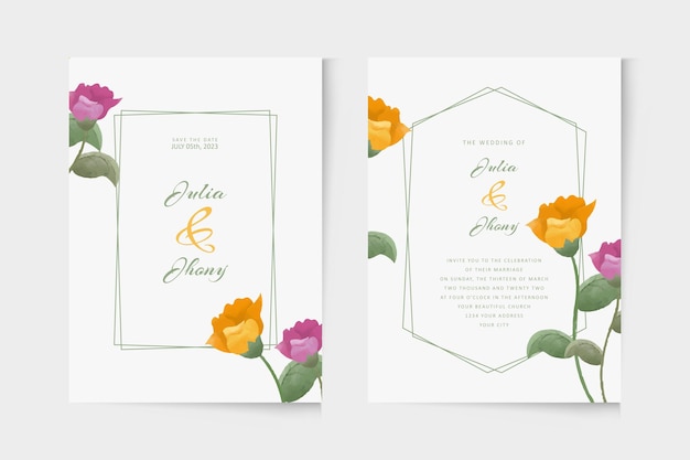 Modern wedding invitation template with floral watercolor ornament