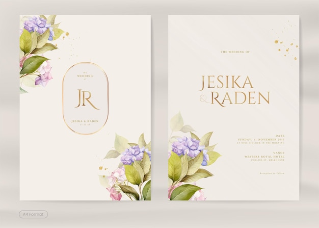 Modern wedding invitation template with vintage hydrangea flower watercolor