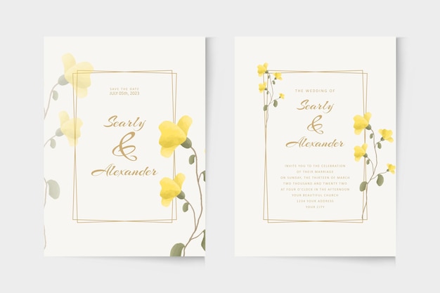 Modern wedding invitation template with yellow floral watercolor ornament