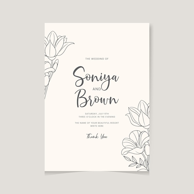 Modern wedding invitation with beautiful line art flower ornaments