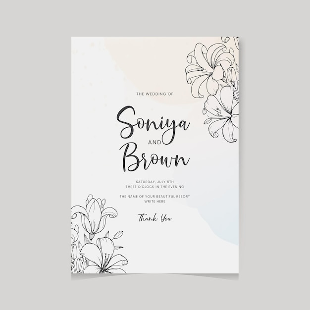 Modern wedding invitation with beautiful line art flower ornaments