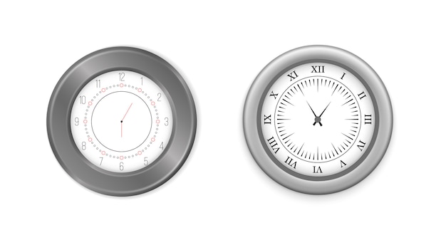 ベクトル モダンな白、黒の丸い壁掛け時計、黒い時計の文字盤と時計のモックアップ。白と黒の壁のオフィスの時計のアイコンを設定します。ブランディングと広告のモックアップ。