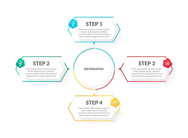 Moderna infografica timeline colorata bianca in 4 fasi. perfetto per presentazioni, diagrammi di processo, flussi di lavoro e banner