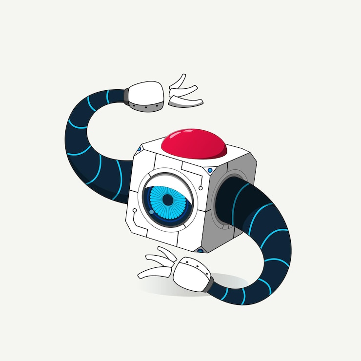 Vector modern white square robot mascot with one eye and robotic hands isolated on a white background