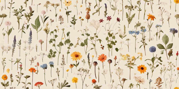 Vector modern wildflower vector seamless pattern garden flowers floral boho collage contemporary