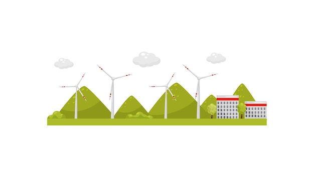 Вектор Современная ветряная электростанция, ветряные мельницы, здания энергетических турбин и зеленые холмы, альтернативный источник энергии.