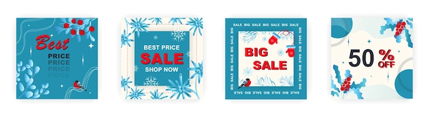 Modern winter square sale poster templates social media posts with floral and geometric pattern