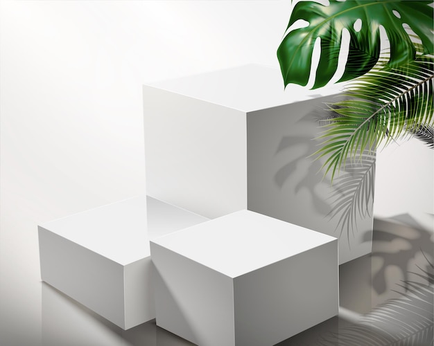 Modern wit vierkant podium met tropische bladeren in 3d illustratie