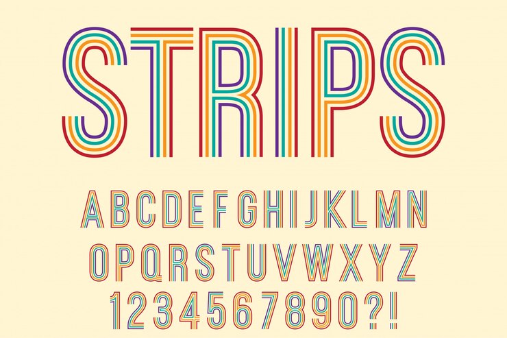 Modern with strips Alphabet Letters, Numbers and Symbols.