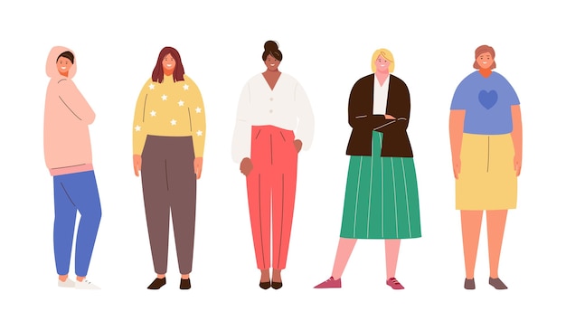 Vector modern women in casual clothes, female friendship, feminism