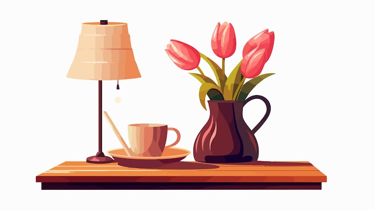 Vector modern wooden coffee table with lamp and vase decor