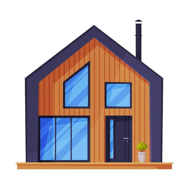 Modern Wooden Cottage Facade City or Country Street Building Residential House Real Estate Flat Vector Illustration