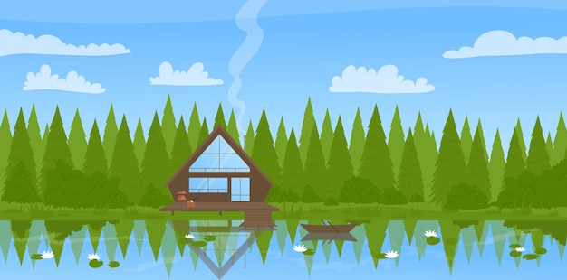 Vector modern wooden fisherman house cottage by lake pine trees in wild forest summer landscape