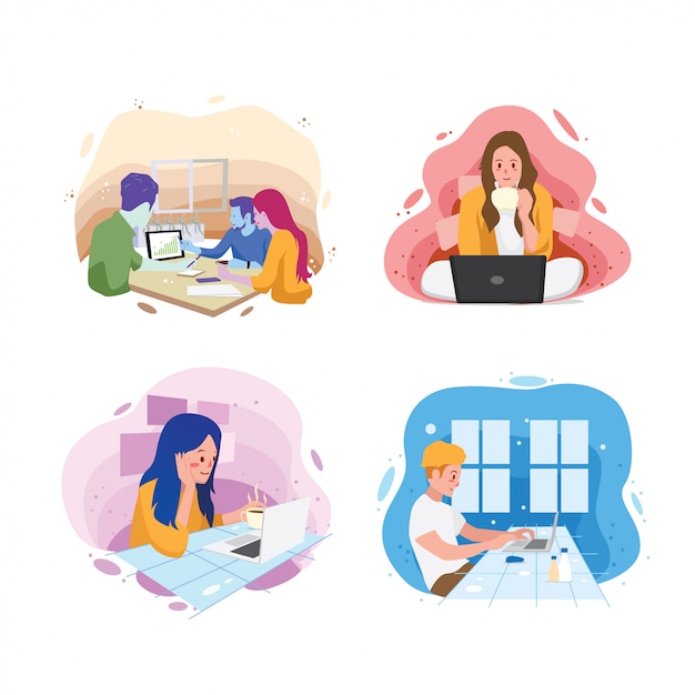 Modern work from home flat illustratie set