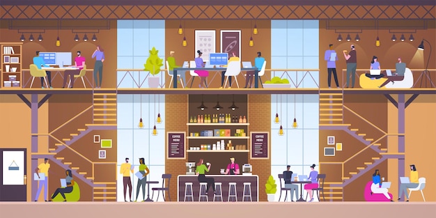 Vector modern workplace interior. cafe in loft style.