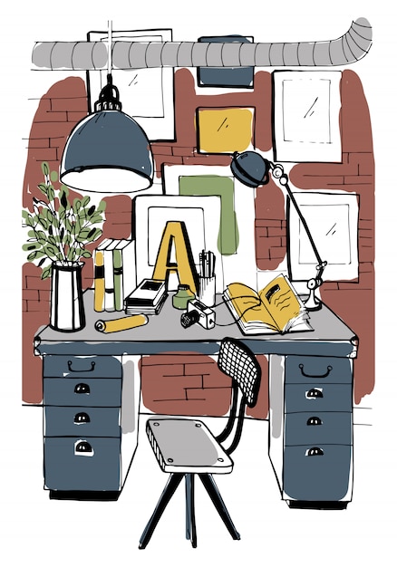 Vector modern workplace interior in loft style. workspace, hand drawn colorful illustration.